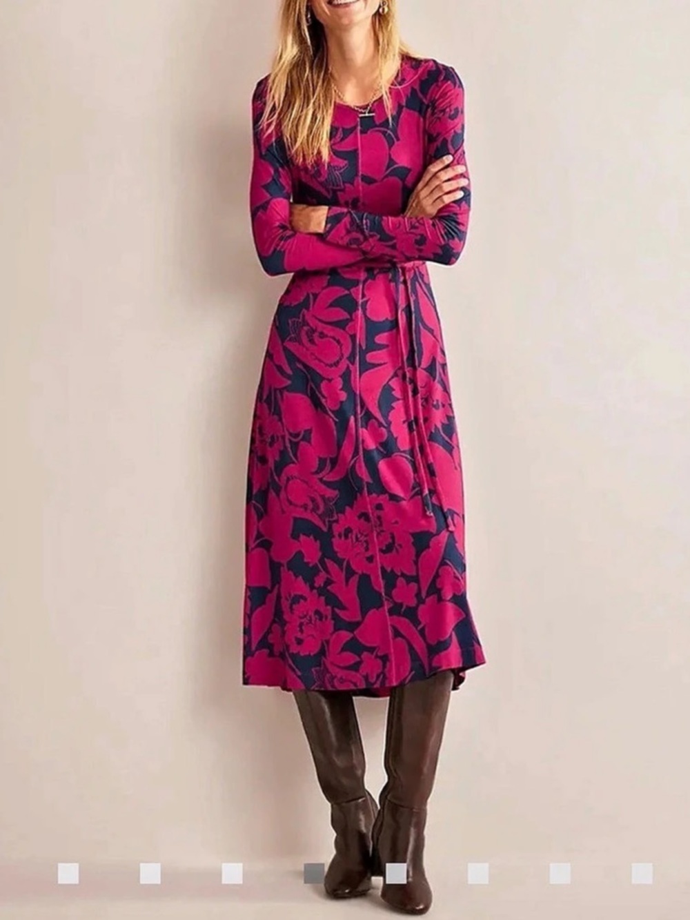Boden Lucy Belted Jersey Maxi Dress Floral Midi Dress in Pink & Purple